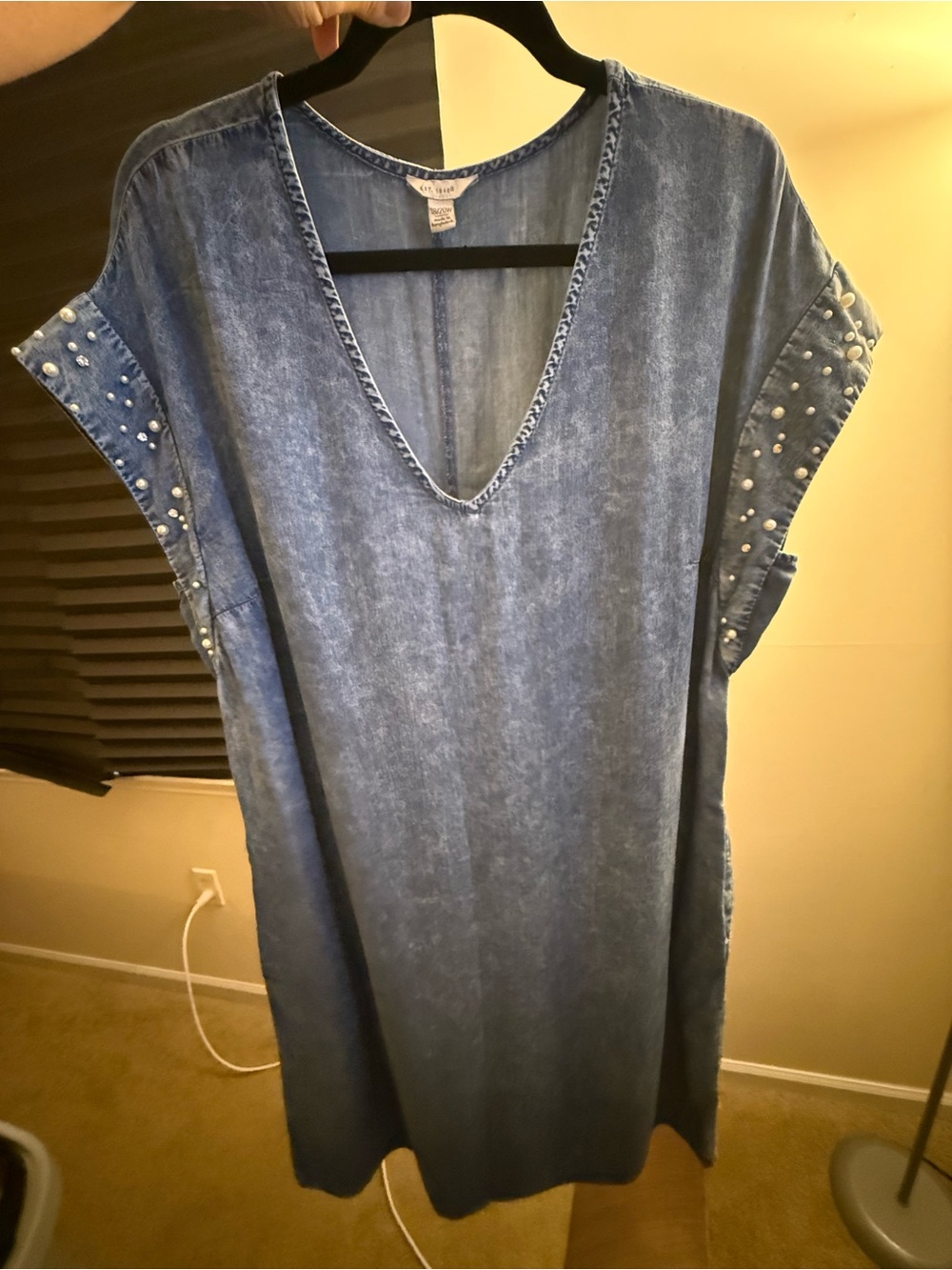 Cato’s Fashions Denim-Effect V-Neck Tunic Dress with Pearl Sleeve Detail
